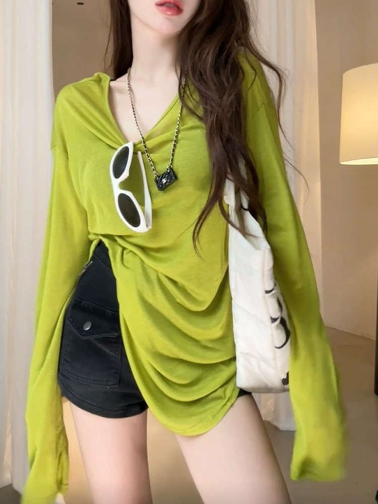 冰丝露背交叉防晒罩衫女夏季2025新款宽松薄款一字肩长袖外搭上衣