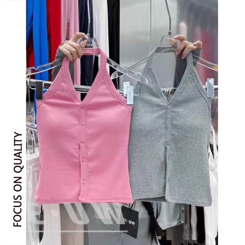泰式挂脖背心女夏季2025新款遮副乳单排扣设计感修身露肩无袖上衣