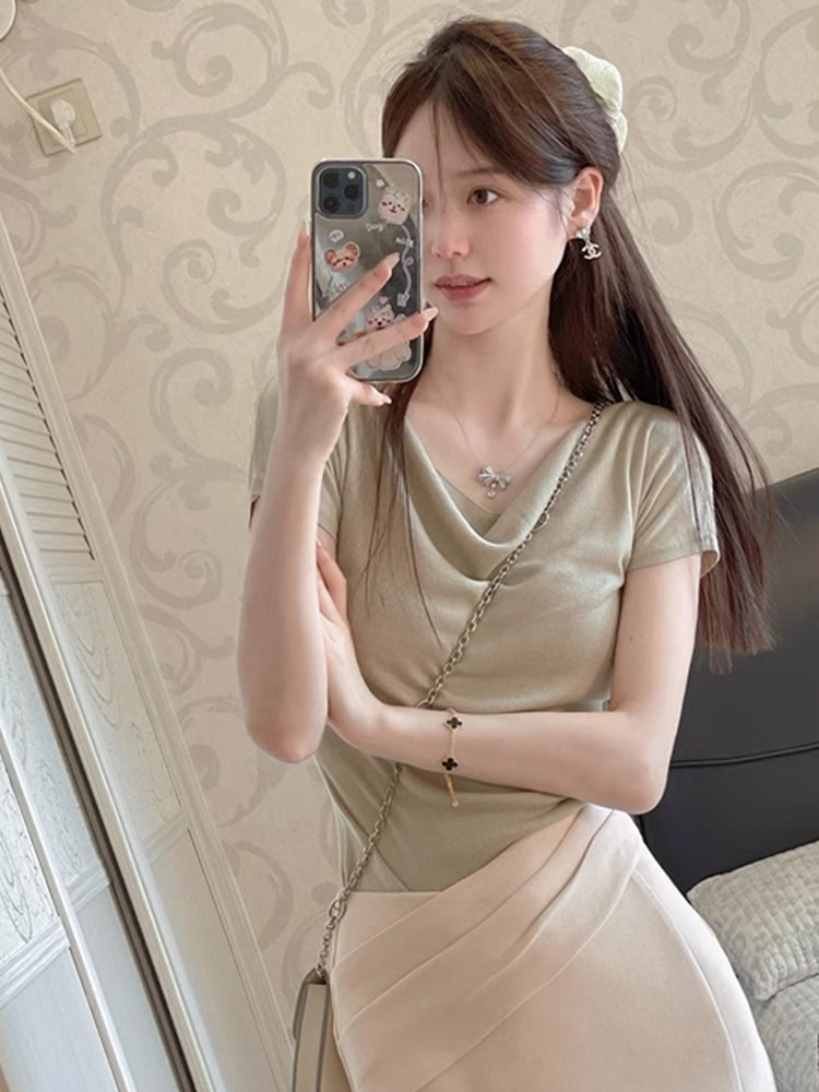 荡领短袖t恤女夏季2025新款法式御姐斜肩修身纯欲性感茶艺风上衣