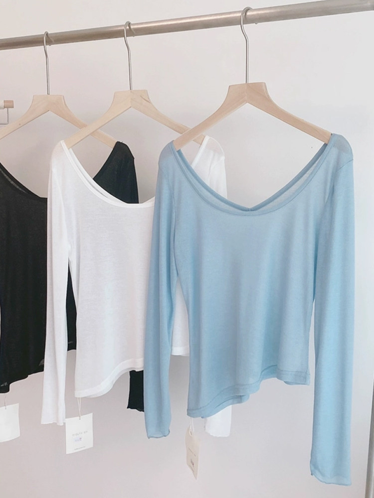 纯欲罩衫防晒衣女夏季2025新款长袖t恤微透薄款蓝色外搭薄纱上衣