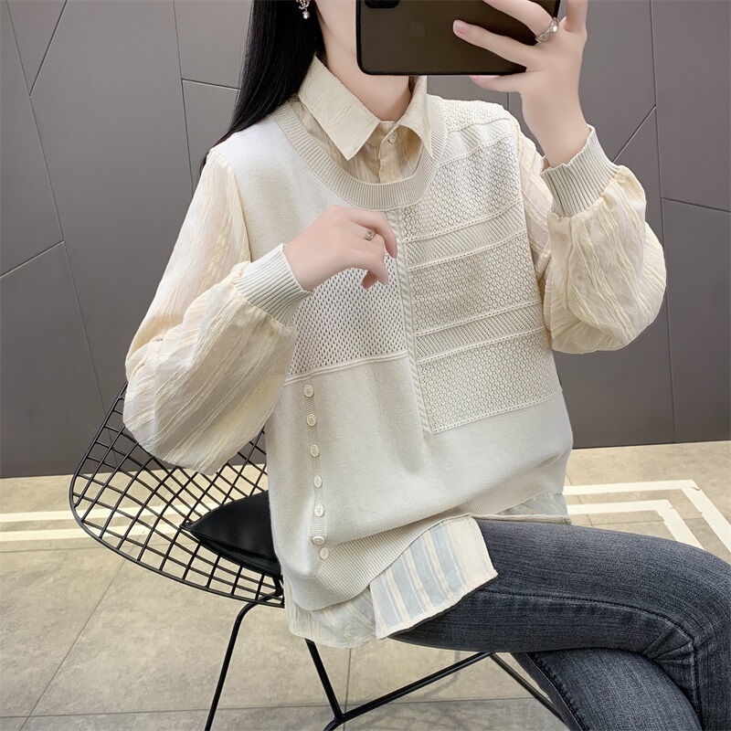 Maternity Spring Outfit Set 2026 New Style Lapel Shirt Knitwear Faux Two-Piece High-End Pregnancy Clothing for Expectant Mothers