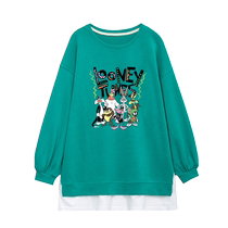 chic spring and autumn thin tops ins loose fake two piece printed round neck sweatshirt womens loose korean style mid-length