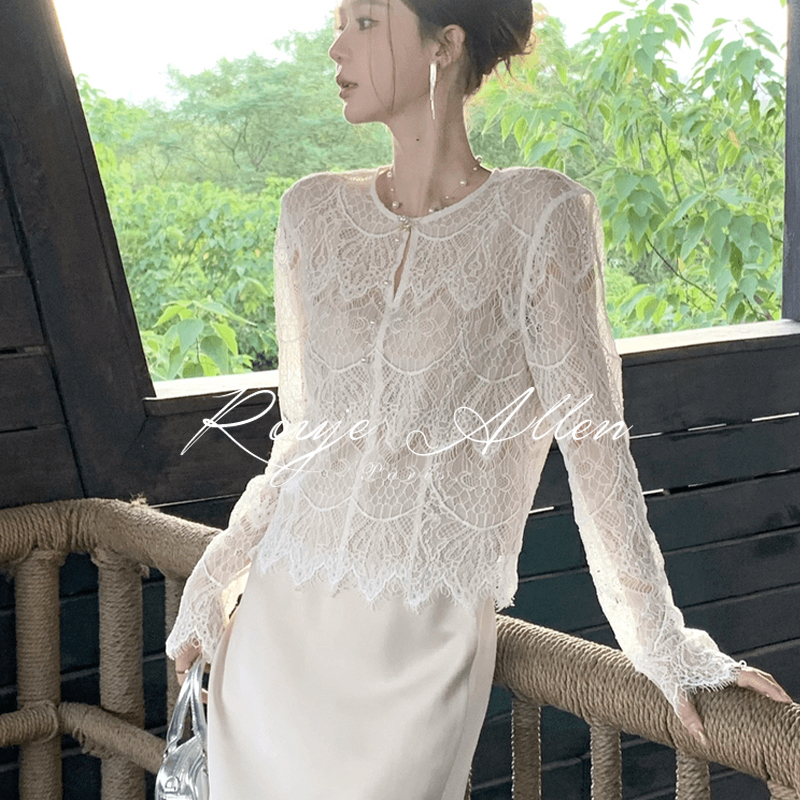 French Rouje Allen Gentle Style White Hollow Lace Shirt for Women, Autum Accessible Luxury High-End Long-Sleeved Top