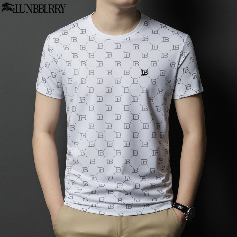 British Burberry Style Men's Round Neck Short-Sleeve T-Shirt 2026 New Model Mulberry Silk Casual Men's Printed Top Trendy