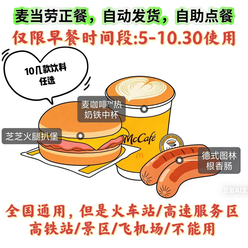 Mcdonald's Breakfast Set: Cheeseburger, Sausage, Hash Browns, Fried Dough Sticks, Coffee, Hot Ice Americano, Hot Milk, Soy Milk