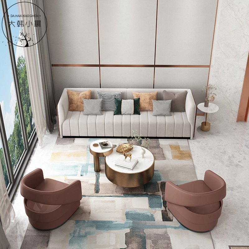 Sample House Display Center Negotiation Table And Chairs Combination Solid Wood Built Extremely Simple Living Room Sofa Beauty Yard Cortical Soft Bag Cassette Customised