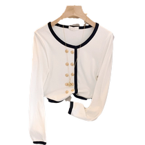 Xiaoxiangfeng contrast color hemmed sweater for women 2024 spring new design niche soft and waxy thin sweater jacket