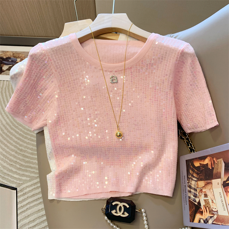 Tweed Style Letter Sequin Short-Sleeved T-Shirt for Women, Summer 2026 New Classy Loose Slimming Chic Pink Top
