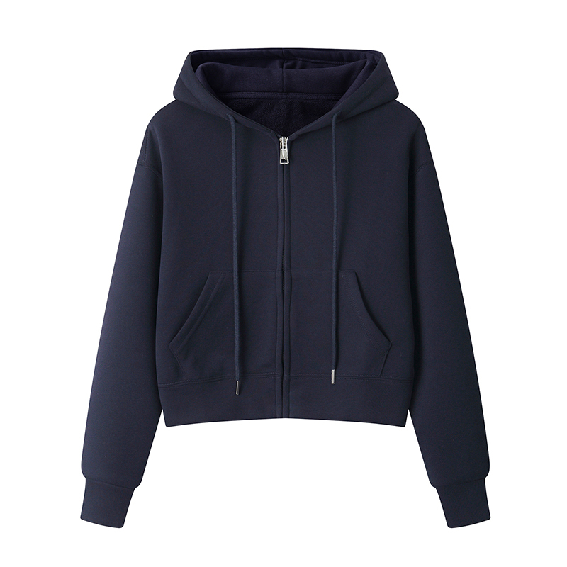 American-Style Sports Hoodie Jacket for Women, Spring and Autumn, Fleece-Lined, Thickened, Navy Blue, Zippered, Slim-Fit, Short Cardigan Top