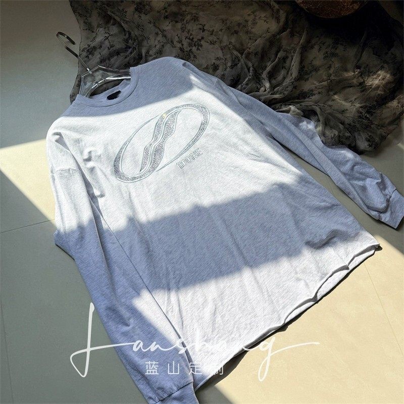 W Brand Spring and Autumn 25Fw New Basic Washed High-Pressure Rhinestone Printed Long-Sleeve Wang Junkai Same Style Loose T-Shirt Tee
