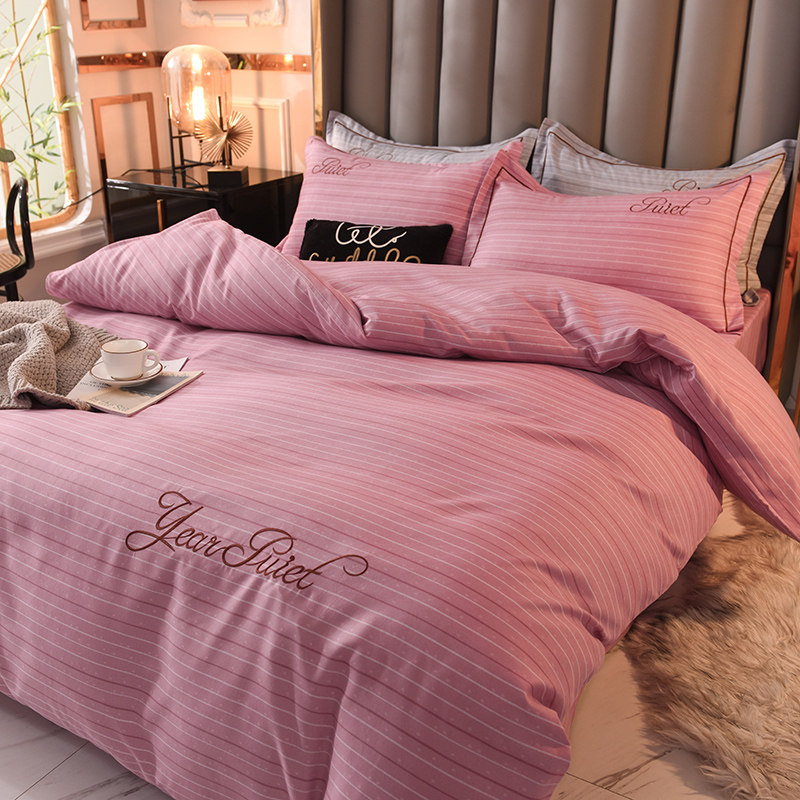 Cotton thickened minimalist twill sheets four-piece set of cotton nude sleeping embroidery light luxury hotel wind bed cover bedspread