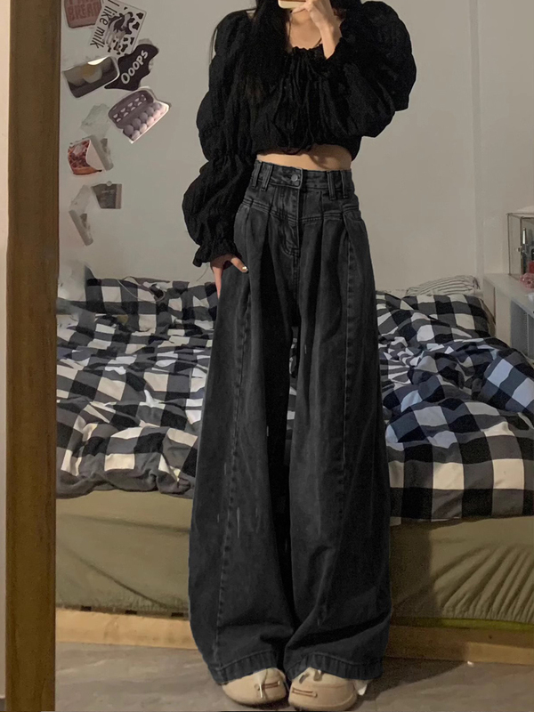American Retro Black and Gray Jeans for Women 2026 Spring and Autumn High-Waisted Plus Size Loose Slimming Wide-Leg Floor-Length Pants