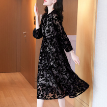Velvet burnt dress spring autumn 2021 new womens high end luxury temperament black long sleeve size skirt