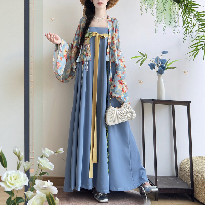 【Qingchuan】Han Ting Ji Original Hanfu Women's Famen Temple Shawl Dress with Suspenders, Suitable for Daily Commuting, Han Elements, Chinese Style, Summer
