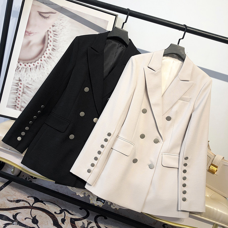 MRMW2022 spring new pure color Korean version double-row buttoned suit jacket Women OL casual fashion suit collar little west suit