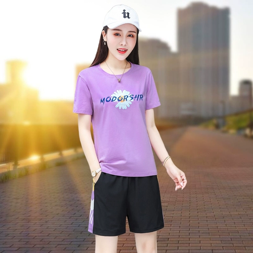 Спортивный костюм, комплект, хлопковая футболка, шелковые летние модные шорты, короткий рукав, легкий роскошный стиль