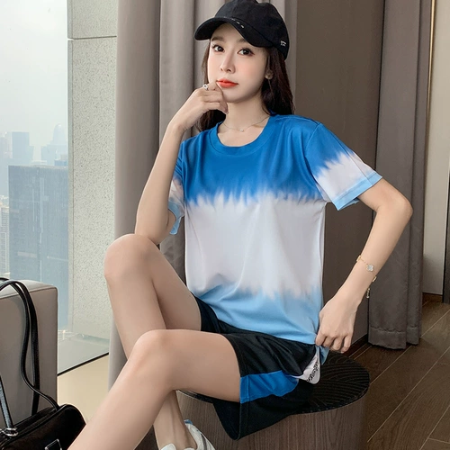 Шелковый быстросохнущий летний комплект, тонкий спортивный костюм для отдыха, в западном стиле, короткий рукав, для бега