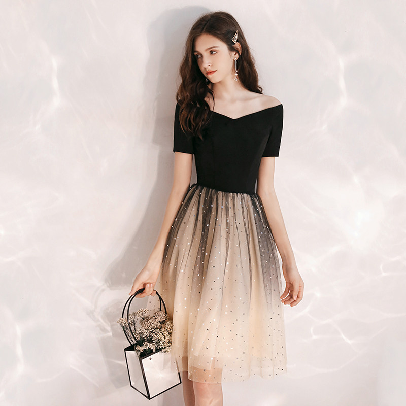 Black French small dinner dress female banquet shoulder shoulder to shoulder sky clothing short temperament can usually wear