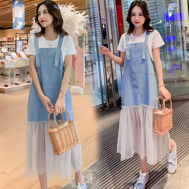 Maternity fashion hot mom personality two-piece summer maternity dress Denim strap skirt Summer summer long skirt