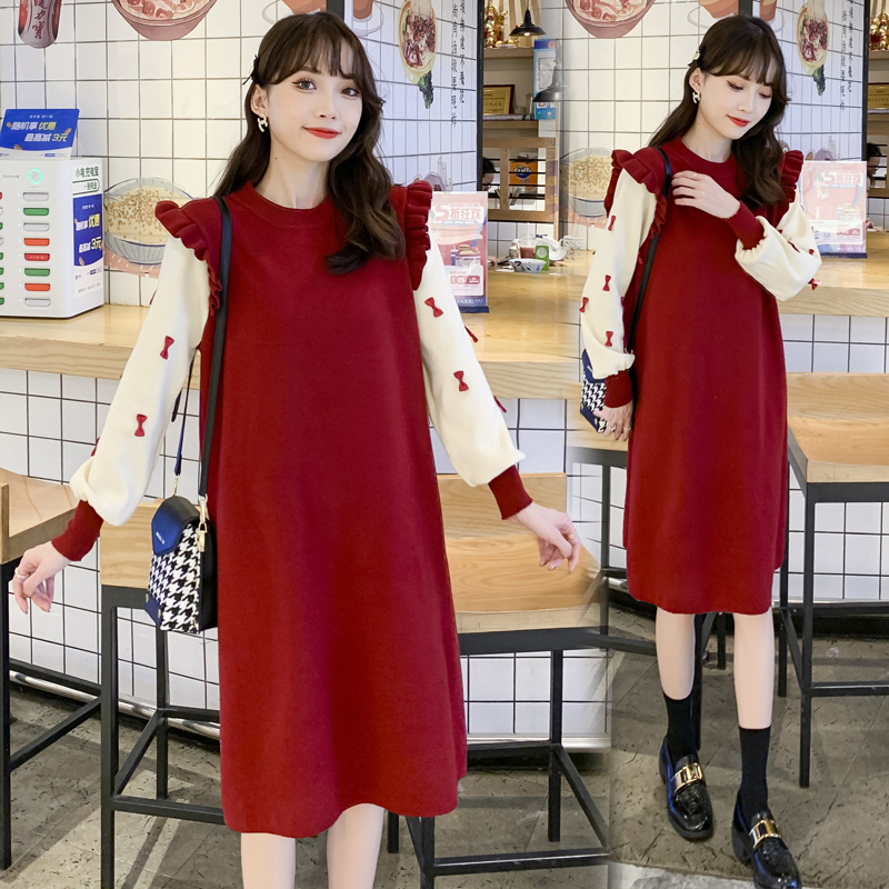 Pregnant woman sweater with a long section 2022 new autumn-fit pregnancy maternity dress Spring and autumn style Fitted Winter knitted one-piece dress blouses