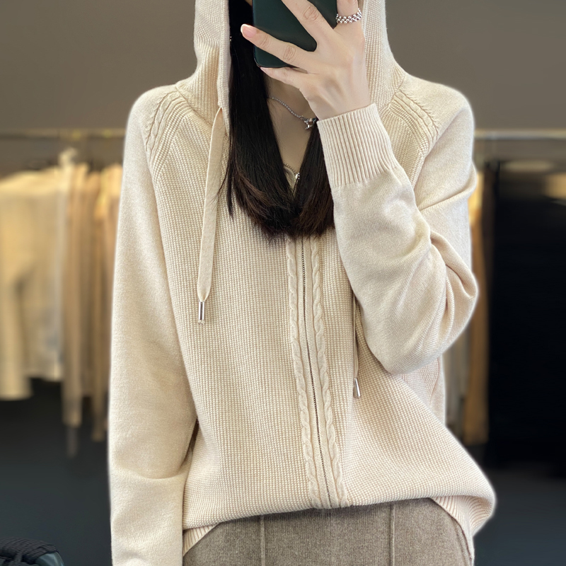 Heavyweight Thick Hooded Sweatshirt for Women, Loose Knit Cardigan, Suitable for Spring, Autumn, and Winter, Long-Sleeved Casual Zip-Up Sweater Jacket