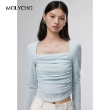 Осенний тонкий приталенный базовый лонгслив, приятный телу дизайнерский короткий корсет, квадратный вырез, тренд сезона