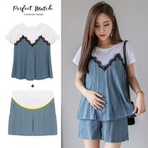 Pregnant Women summer short sleeve set out fashion style foreign summer tide mother Net red birth check small fragrant wind two-piece set