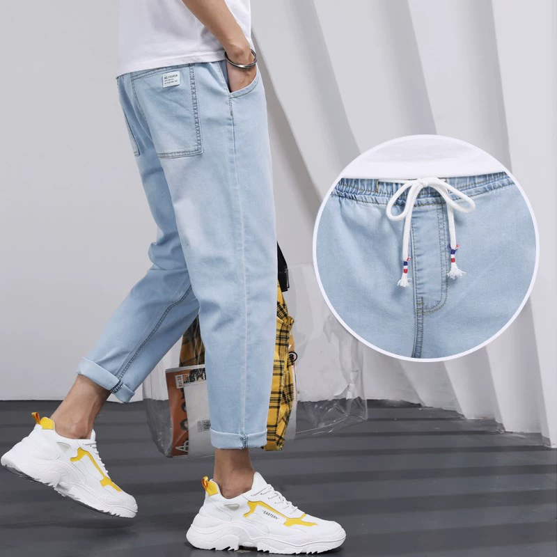 2020 hè hè ánh sáng xanh quần jeans chín điểm nam slim fit lỏng lẻo quần bó sát nam phong cách Hàn Quốc - Quần jean