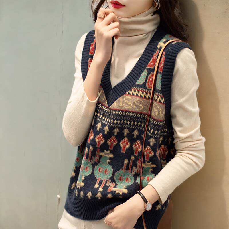 Fair Isle Fashion Retro Vest for Women, Autumn Outerwear, Loose V-Neck Sleeveless Sweater, Plus Size Vest for Chubby Women