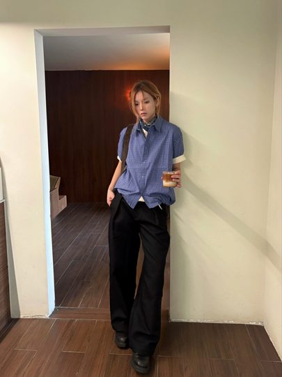 Xanvas「Royal Blue」皇家蓝色格纹抽绳短袖衬衫miu系夏季百搭