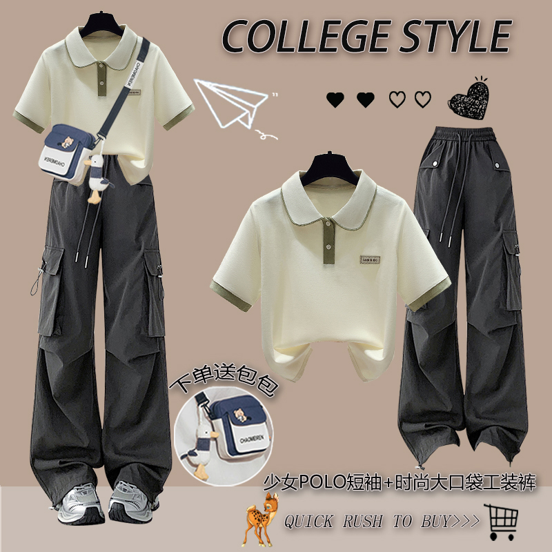 Middle and High School Students' Summer 2026 New Casual Sports Suit, Girl's Preppy Style Short-Sleeved Cargo Pants Two-Piece Set