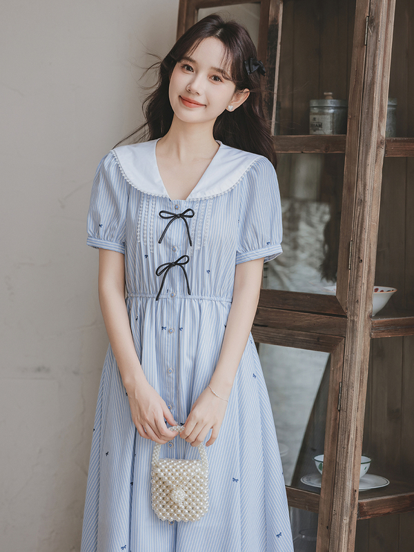 Youth Preppy Style Dress 2026 Summer New Model for Middle and High School Students with Navy Collar, Bow Tie, and Striped Long Skirt