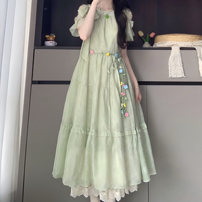 Girls' 2026 Summer New Style Forest-Style Bowknot School Style Dress for Middle and High School Students with Lace Waist-Cinching Long Skirt