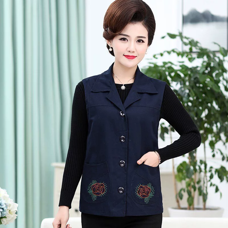 Mùa xuân và mùa thu mỏng của mẹ áo cotton thêu eo trung niên và người lớn kích thước lớn áo khoác nữ áo ghi lê trung niên ngắn tay áo vest nữ - Áo vest