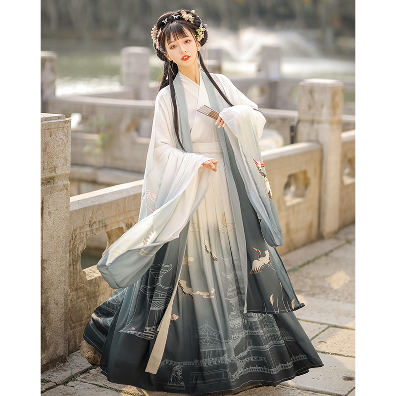 [Tengwang Pavilion]_ Smoke Blue Full Set (Big Sleeve Shirt + Top + Skirt) New Products In Stock!Pavilion of Prince Teng Hanfu female quality goods original Chinese style Jin system Waist length Ru skirt Wei Jinfeng ancient costume Men's summer Thin
