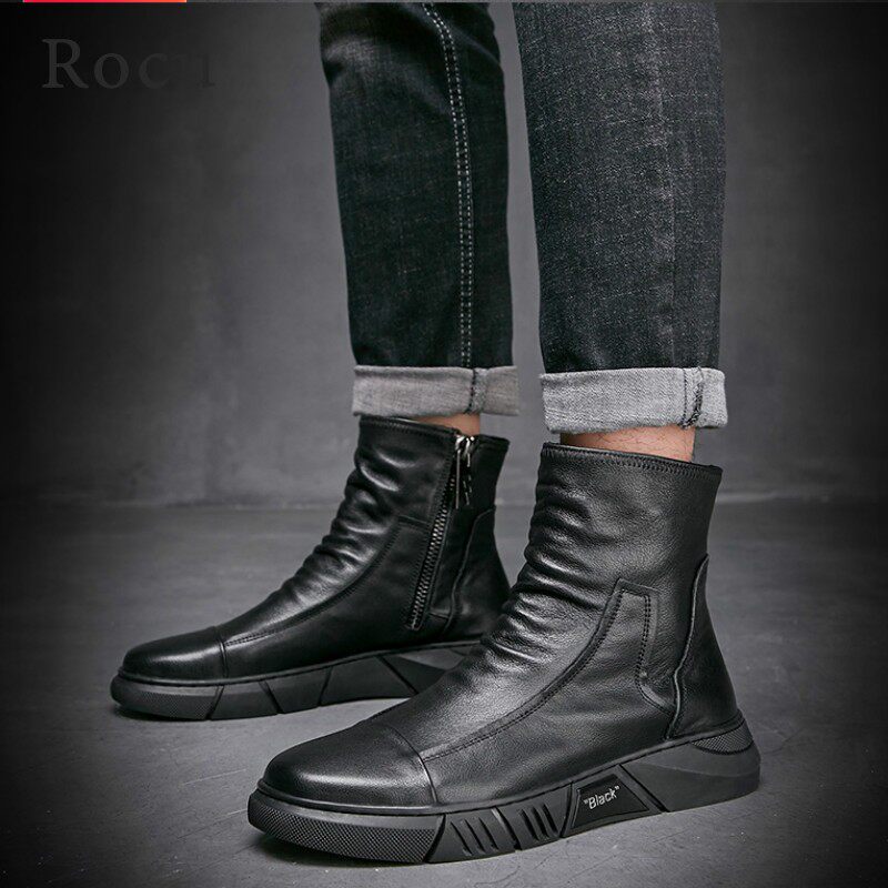 Rocu men's shoes boots men winter high-help shoes warm plus-wool Martin boots men light luxury leather tide shoes casual shoes