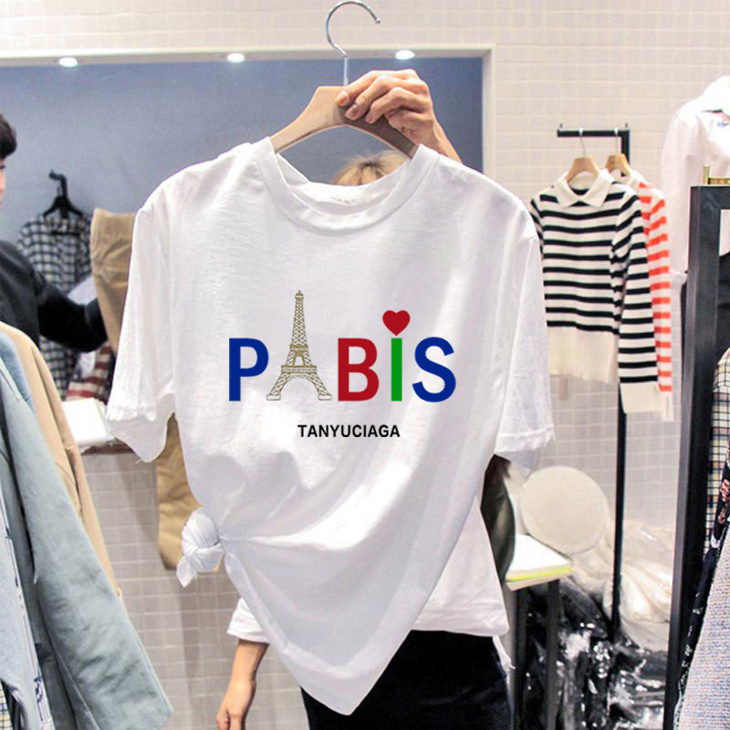 2022 summer short-sleeved T-shirt women's all-match new Paris Tower printing men and women cotton round neck loose couple T-shirt