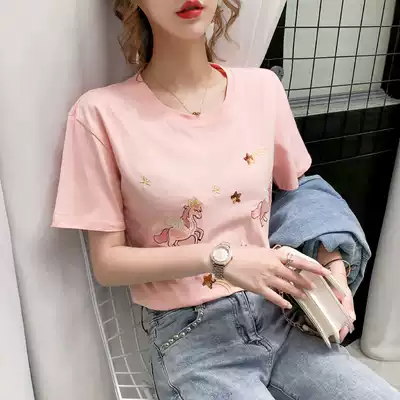 2021 summer new round neck loose versatile 1 4 inch socket wrench horse sequin embroidery cotton white short sleeve T-shirt female ins tide