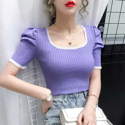 Top 2021 new women's short sleeve base shirt foreign pie bubble sleeve high waist T-shirt summer short tight women's
