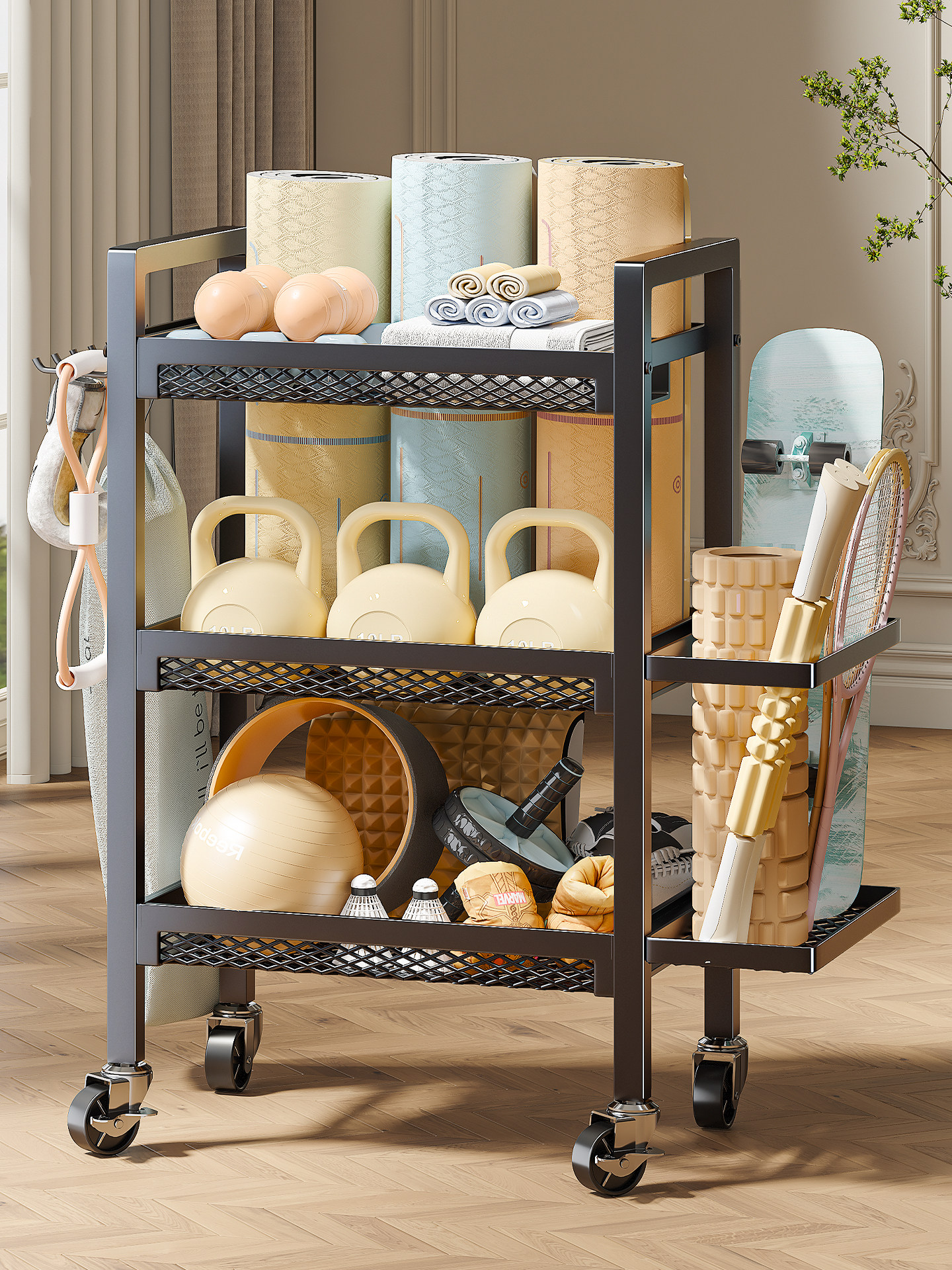 Fitness Equipment Storage Rack, Home-Use Movable Yoga Mat Storage, Sports Equipment Storage Rack, Dumbbell Storage Organizer