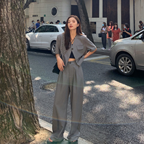 MUJINLU Grey Suit Suit Woman Summer Advanced Senses Casual Short Sleeve West Suit Short Jacket High Waisted West Dress Pants