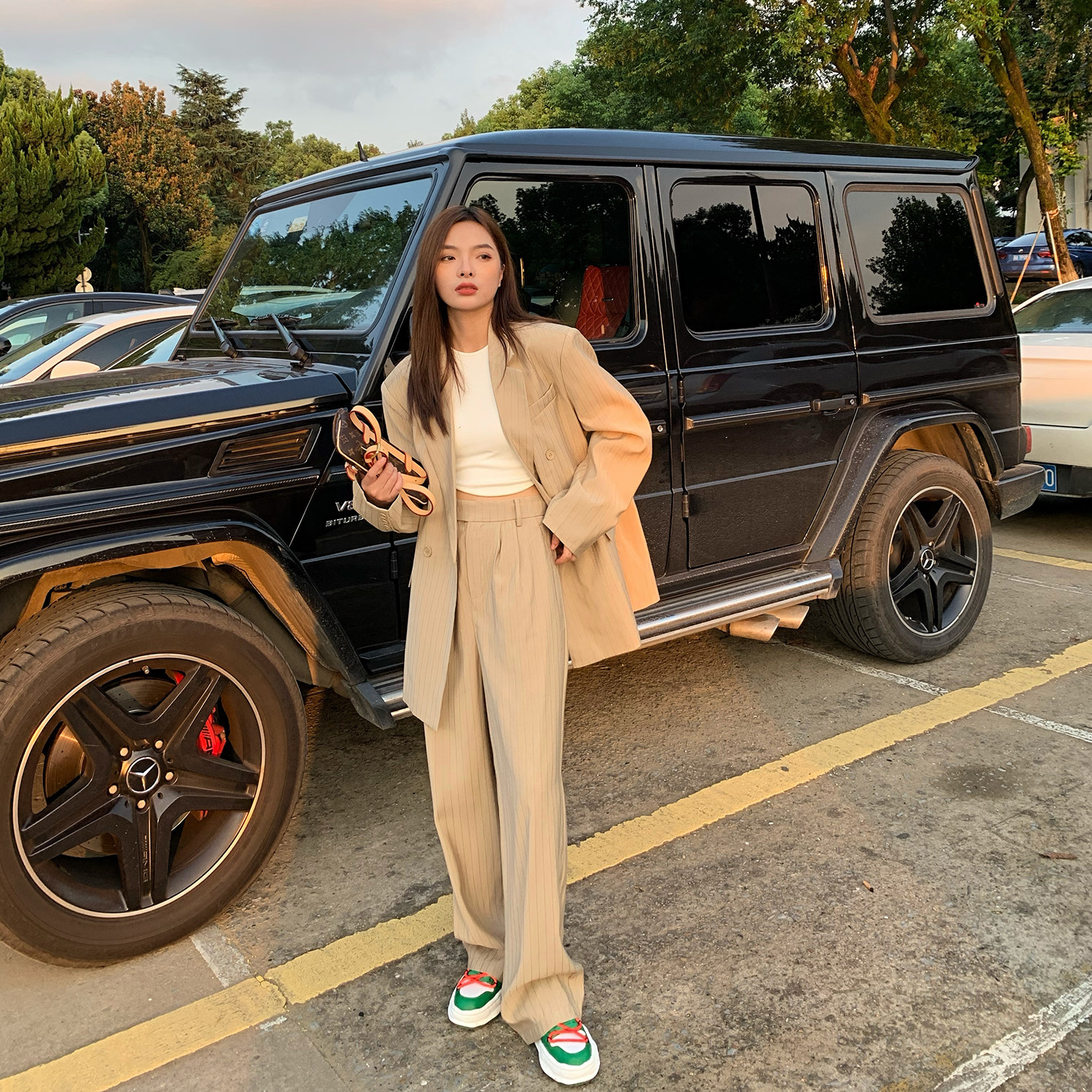 Chen Mifan striped suit jacket suit women's autumn high-rise suit high-waist loose wide-leg pants two-piece suit