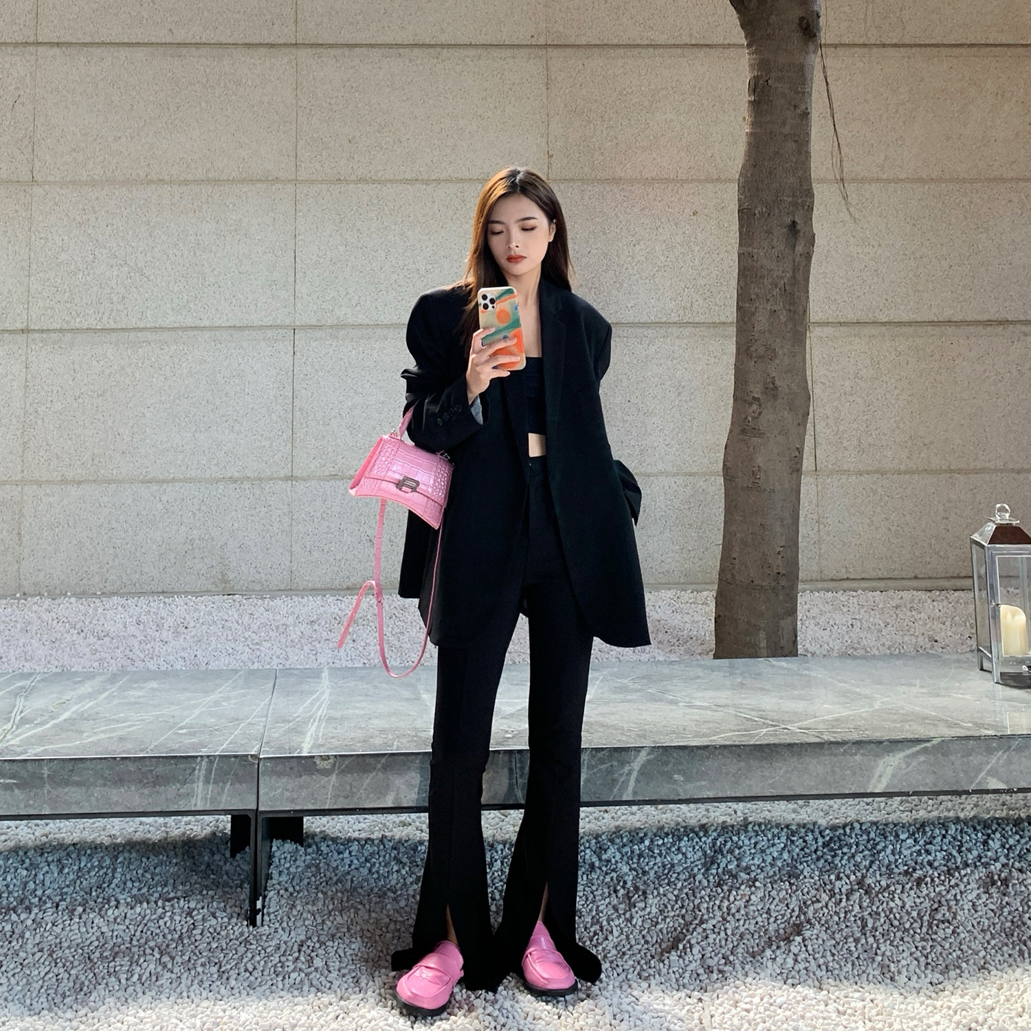 Chen Mifan black suit slit pants women's autumn new high-waisted slim sagging straight-leg casual trousers