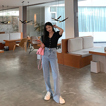 MUJINLU blue open fork jeans woman 2022 summer new pituitary high waist straight cylinder loose wide leg tug pants