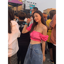 MUJINLU RED SHORT SLEEVE SHIRT WOMAN SUMMER THIN Bubble Sleeves Shirt Short of Ruvel Straight Shoulder Blouse