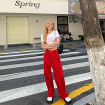 MUJINLU red jeans Women Summer 2022 new high waist straight cylinder loose with high display slim and wide leg pants
