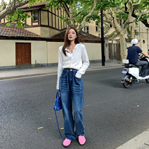 MUJINLU blue high waist jeans Womens spring autumn 2022 New conspicuously high straight drum loose broadlegged pants