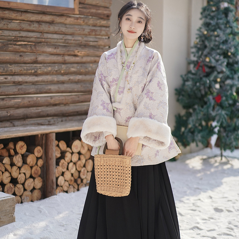 Qiongyuge Two-Piece Short Jacket with Elastic Waist and Horse-Faced Skirt, New Chinese Style, Ming-Style Hanfu Set for Women, Autumn and Winter Daily Wear
