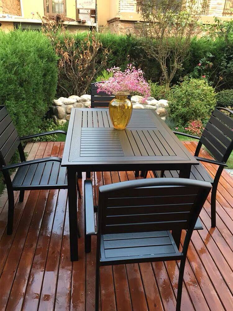 Outdoor plastic wood tables and chairs Anti-corrosion wood Outdoor open-air leisure cafe Courtyard balcony rainproof aluminum alloy tables and chairs