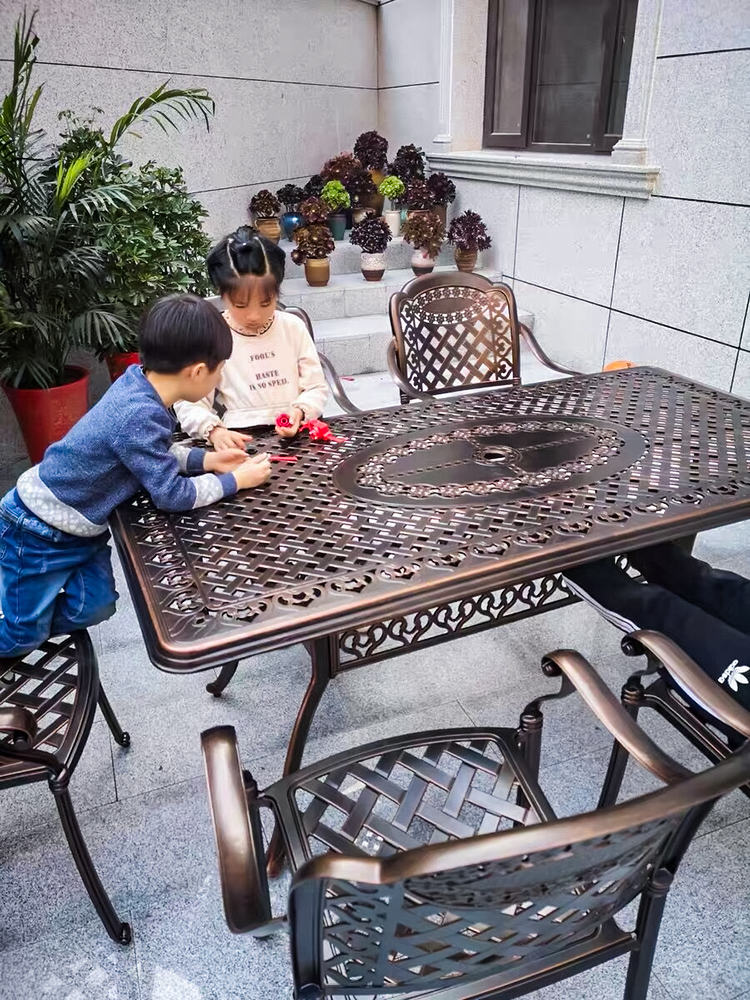 Outdoor cast aluminum table and chair combination set European villa Outdoor courtyard Garden Balcony Wrought iron leisure long table and chair